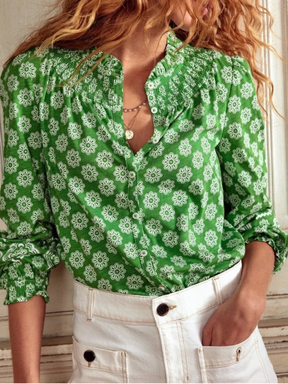 Boden Fay Smocked Jersey Shirt floral block print Kelly Green cotton modal 8